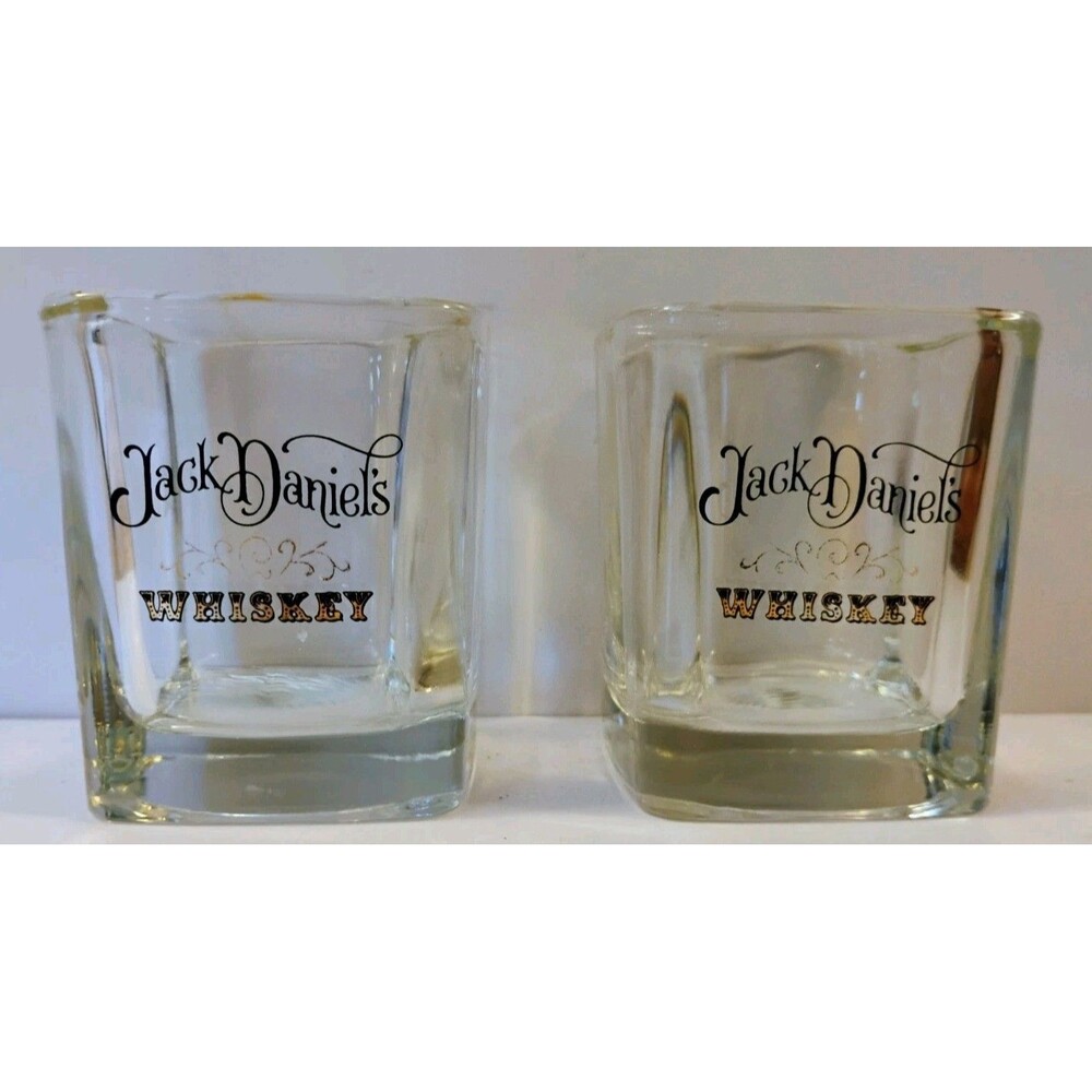 Vintage Jack Daniels Square Whiskey Lowball Glasses Heavy Base Barware Set of 2